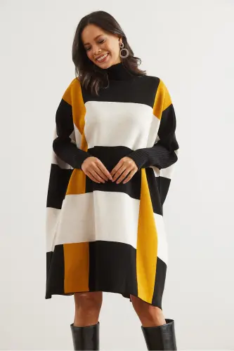 Kadın Siyah Hardal Ekose Kalın Panço Tunik Elbise ELB-19002323-Siyah Hardal - 4