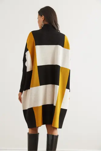 Kadın Siyah Hardal Ekose Kalın Panço Tunik Elbise ELB-19002323-Siyah Hardal - 5