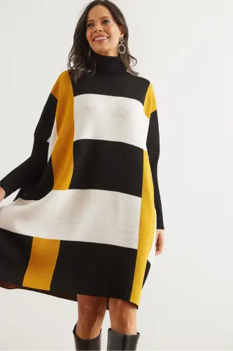 Kadın Siyah Hardal Ekose Kalın Panço Tunik Elbise ELB-19002323-Siyah Hardal 