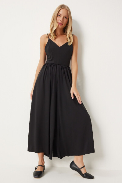 Kadın Siyah İp Askılı V Yaka Örme Tulum UB00292 - 1