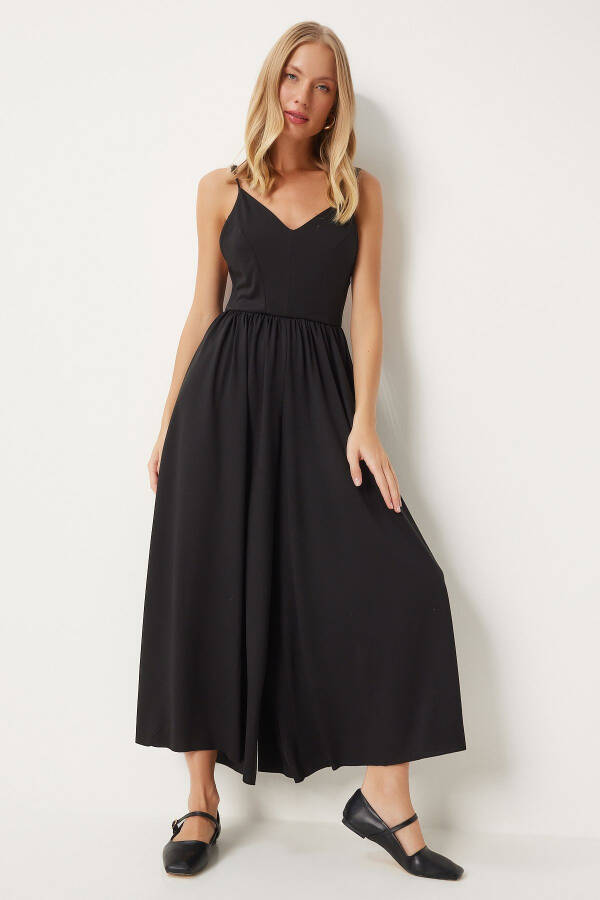 Kadın Siyah İp Askılı V Yaka Örme Tulum UB00292 - 1