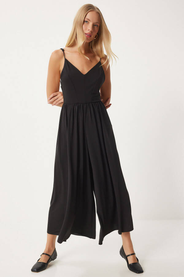 Kadın Siyah İp Askılı V Yaka Örme Tulum UB00292 - 2