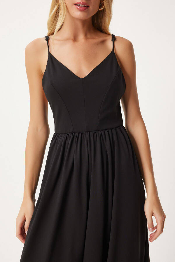 Kadın Siyah İp Askılı V Yaka Örme Tulum UB00292 - 4