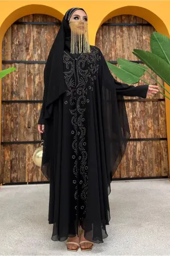 KADIN SİYAH İŞLEMELİ TÜLLÜ İKİLİ FERACE TAKIM T 6773-SİYAH - TRENDTESETTÜR (1)