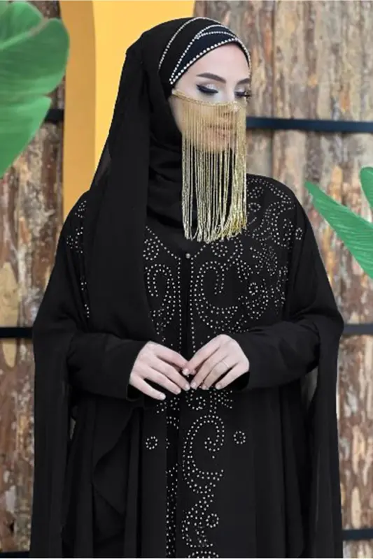 KADIN SİYAH İŞLEMELİ TÜLLÜ İKİLİ FERACE TAKIM T 6773-SİYAH - 3