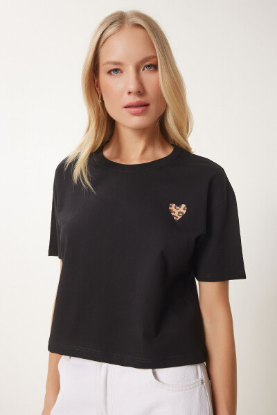 Kadın Siyah Kalp Baskılı Pamuklu Kısa Örme T-Shirt AN00224-Siyah - 3