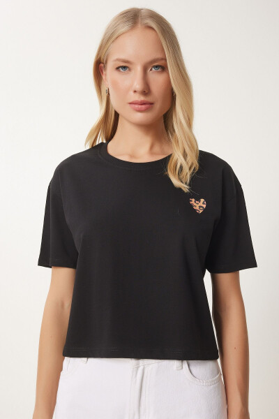 Kadın Siyah Kalp Baskılı Pamuklu Kısa Örme T-Shirt AN00224-Siyah - 4