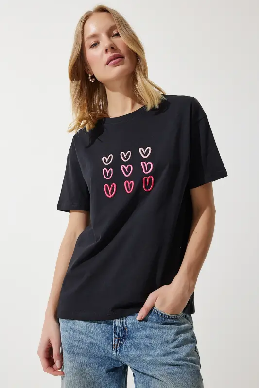 Kadın Siyah Kalp Nakışlı Pamuklu T-Shirt MP00026-Siyah - 2