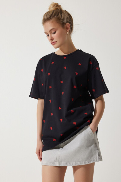 Kadın Siyah Kalpli %100 Pamuk Oversize Uzun Örme T-Shirt NJ00148 - 2