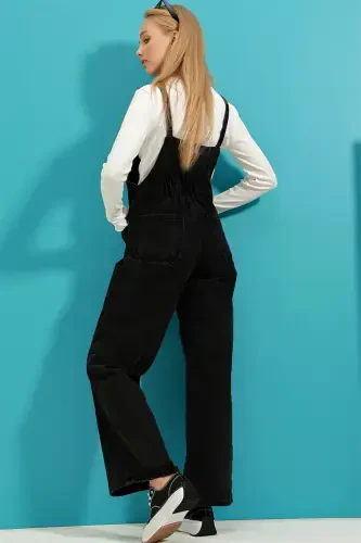 Kadın Siyah Kanguru Cepli Denim Bahçıvan Salopet ALC-X9072-SİYAH - 3