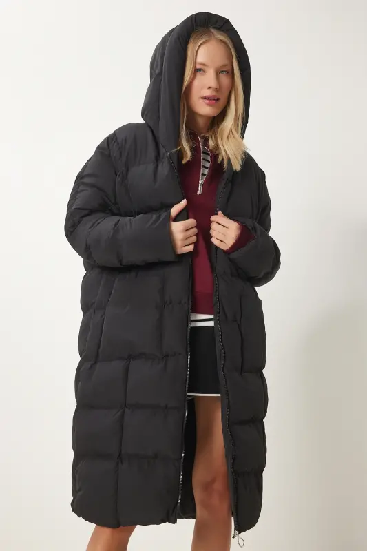 Kadın Siyah Kapüşonlu Oversize Uzun Şişme Kaban NT00428 - Siyah - 3