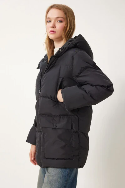 Kadın Siyah Kapüşonlu Şişme Mont HK00023 - HAPPINESS İSTANBUL (1)