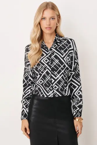 Kadın Siyah Kare Desen Oversize Uzun Basic Gömlek Arm-22Y001144 