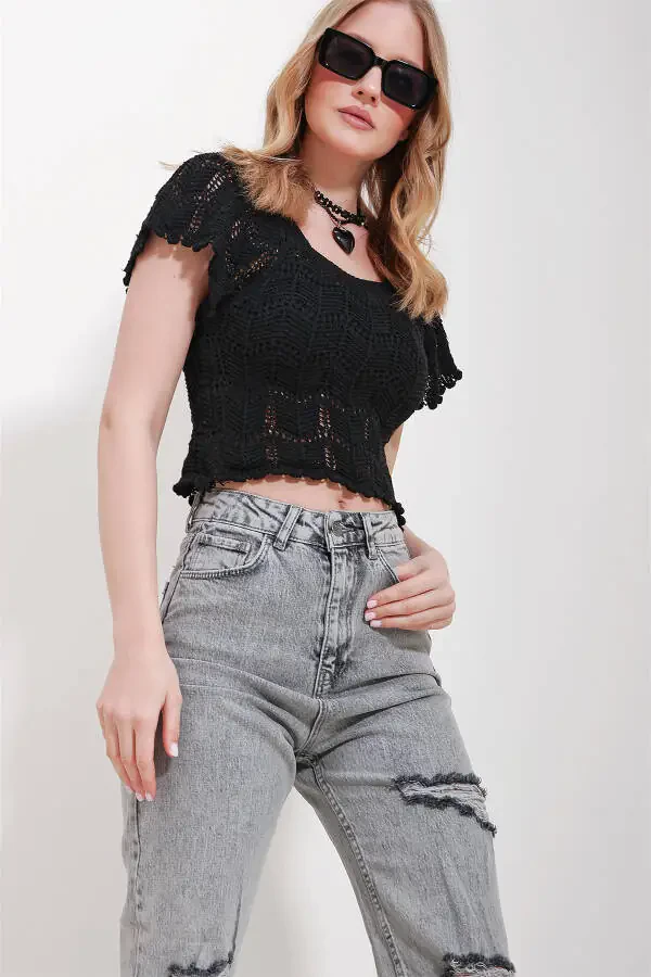 Kadın Siyah Kare Yaka Ajurlu Triko Bluz ALC-X11555-SİYAH - 2