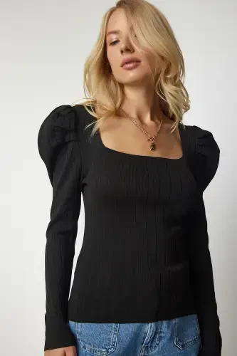 Kadın Siyah Kare Yaka Fitilli Triko Bluz YY00159-Siyah - 5