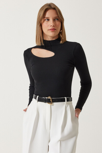 Kadın Siyah Cut Out Detaylı Fitilli Örme Bluz GT00065 - Siyah - 3