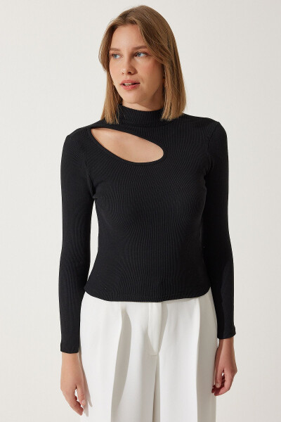 Kadın Siyah Cut Out Detaylı Fitilli Örme Bluz GT00065 - Siyah - 4