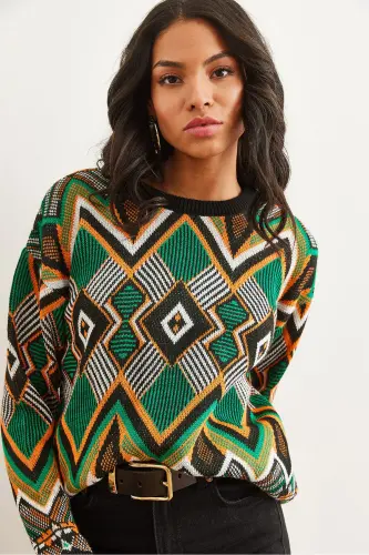 Kadın Siyah Kilim Desen Triko Kazak KZK-19000869-Siyah - 3