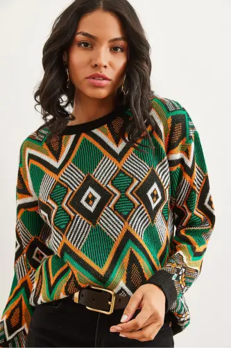 Kadın Siyah Kilim Desen Triko Kazak KZK-19000869-Siyah - 4