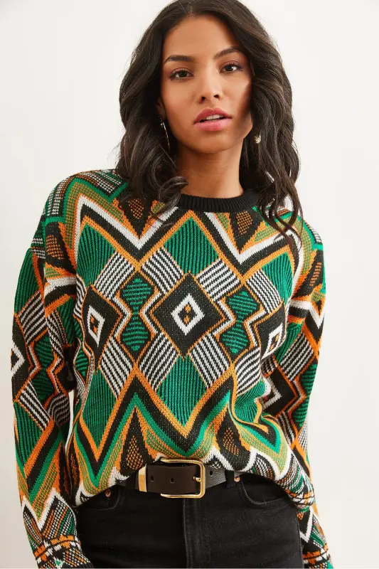 Kadın Siyah Kilim Desen Triko Kazak KZK-19000869-Siyah - OLALOOK