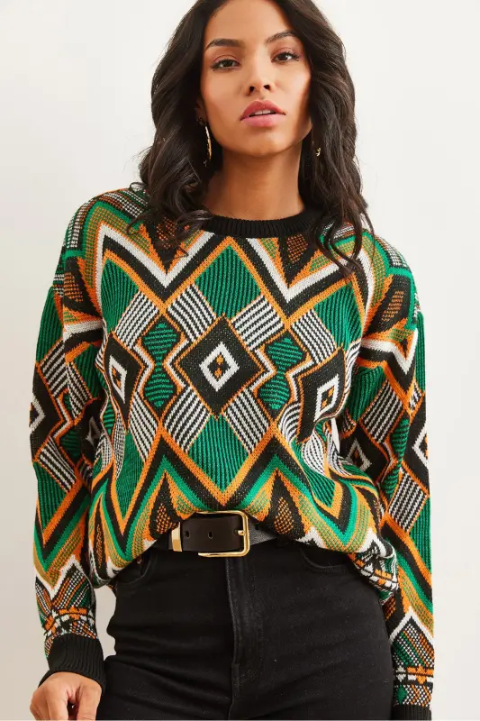 Kadın Siyah Kilim Desen Triko Kazak KZK-19000869-Siyah - 2