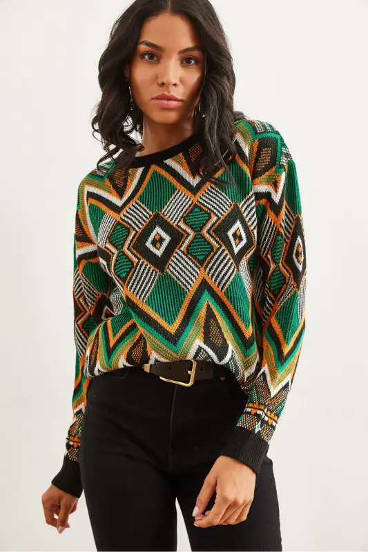 Kadın Siyah Kilim Desen Triko Kazak KZK-19000869-Siyah - 5