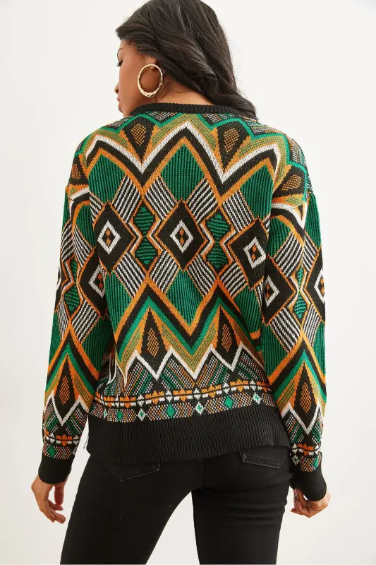 Kadın Siyah Kilim Desen Triko Kazak KZK-19000869-Siyah - 6