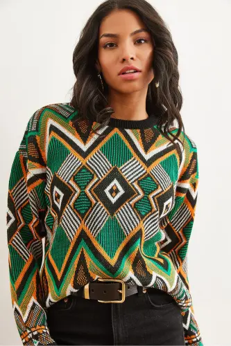 Kadın Siyah Kilim Desen Triko Kazak KZK-19000869-Siyah 