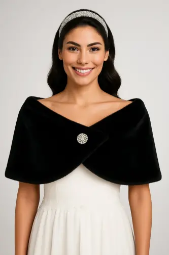 Kadın Siyah Kısa Broşlu Kürk Etol Gelin Bolero Omuz Şalı Abiye Şal-Siyah - 1