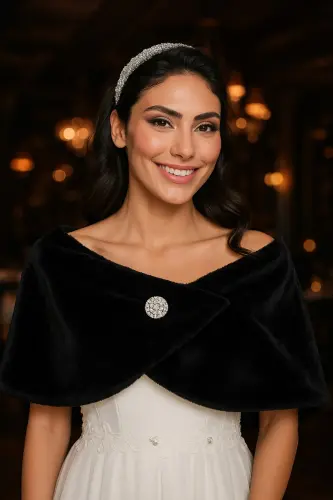 Kadın Siyah Kısa Broşlu Kürk Etol Gelin Bolero Omuz Şalı Abiye Şal-Siyah - 5