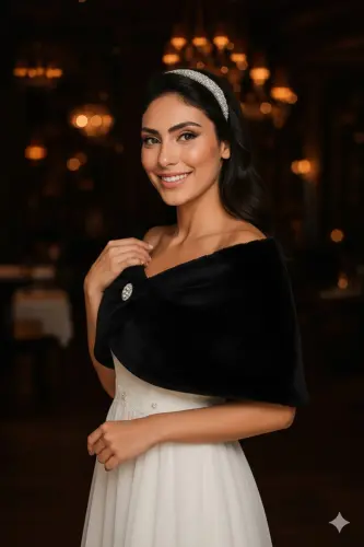 Kadın Siyah Kısa Broşlu Kürk Etol Gelin Bolero Omuz Şalı Abiye Şal-Siyah - 6