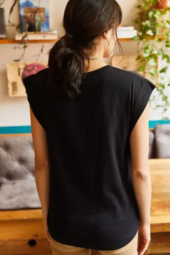 Kadın Siyah Koltuk Altı Parçalı Yarasa T-shirt TSH-19000330-SİYAH - 5