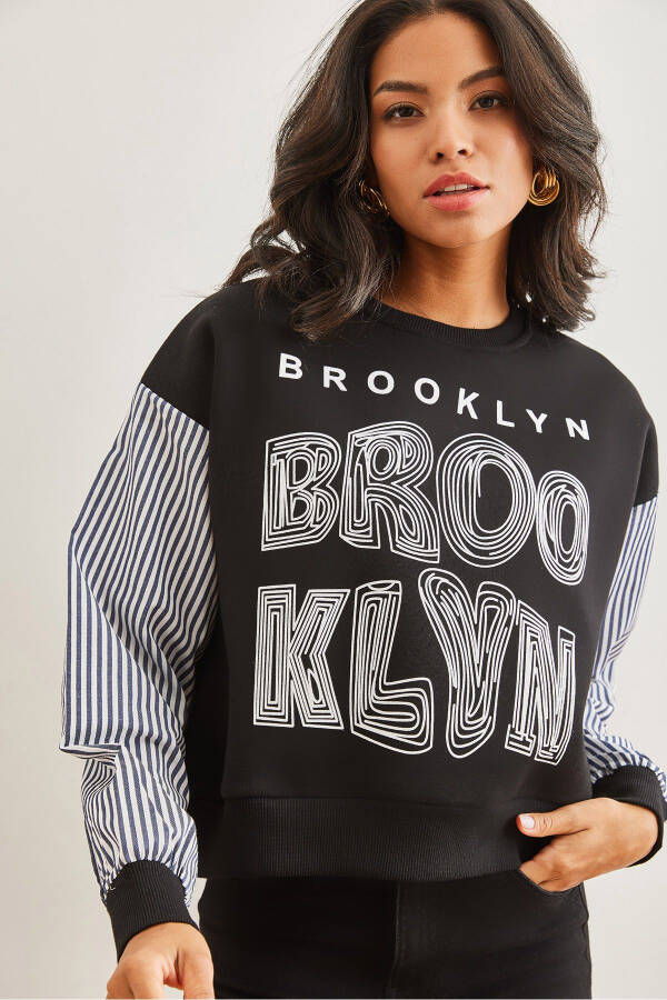 Kadın Siyah Kolu Garnili Baskılı Şardonlu Sweatshirt SWT-19000689 - Siyah - 1