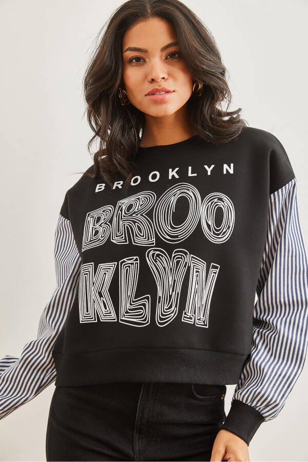 Kadın Siyah Kolu Garnili Baskılı Şardonlu Sweatshirt SWT-19000689 - Siyah - 3