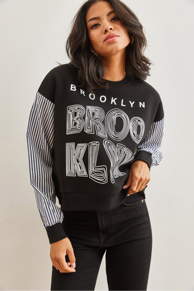 Kadın Siyah Kolu Garnili Baskılı Şardonlu Sweatshirt SWT-19000689 - Siyah - 4