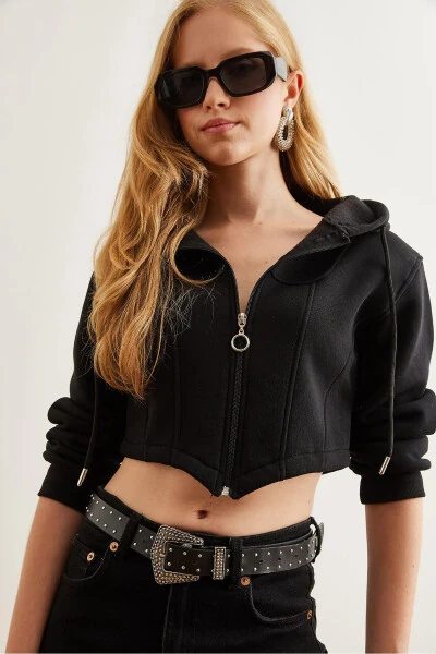 Kadın Siyah Korse Detaylı Kapüşonlu Şardonlu Crop Sweatshirt SWT-19000657-Siyah - 3