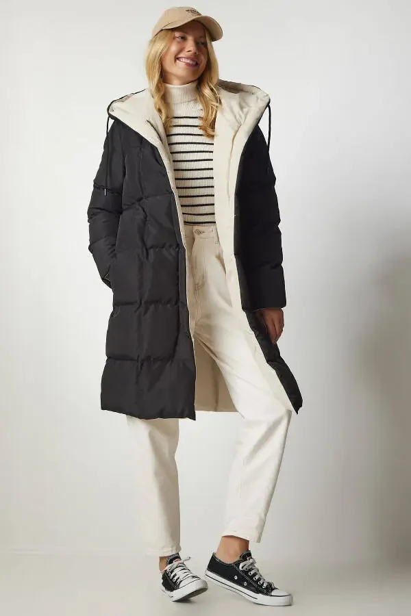 Kadın Siyah Krem Kapüşonlu Şişme Kaban VP00005 - 3