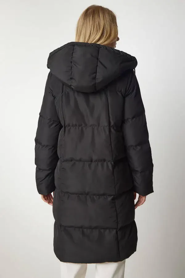 Kadın Siyah Krem Kapüşonlu Şişme Kaban VP00005 - 5