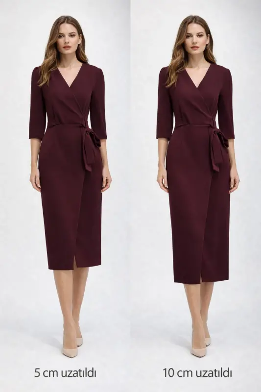 Kadın Siyah Kruvaze Avelop Truvakar Krep Şık Elbise-Bordo - 1
