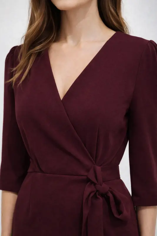 Kadın Siyah Kruvaze Avelop Truvakar Krep Şık Elbise-Bordo - 2