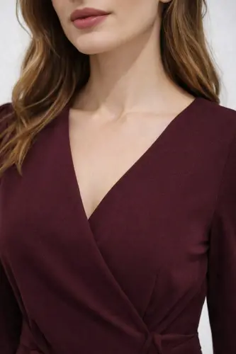 Kadın Siyah Kruvaze Avelop Truvakar Krep Şık Elbise-Bordo - 3