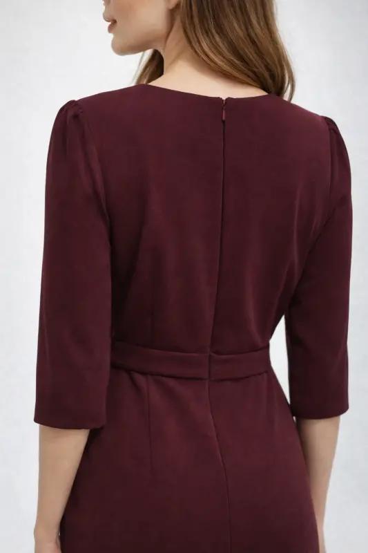 Kadın Siyah Kruvaze Avelop Truvakar Krep Şık Elbise-Bordo - 4