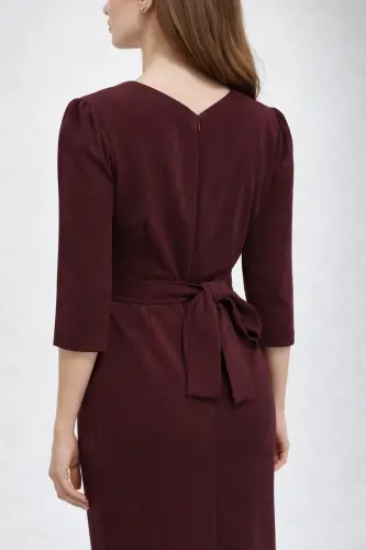 Kadın Siyah Kruvaze Avelop Truvakar Krep Şık Elbise-Bordo - 5