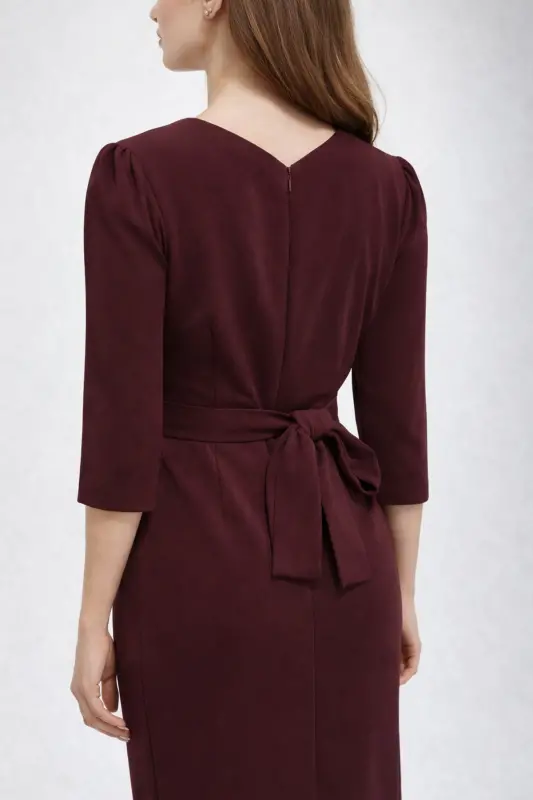 Kadın Siyah Kruvaze Avelop Truvakar Krep Şık Elbise-Bordo - 5
