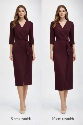 Kadın Siyah Kruvaze Avelop Truvakar Krep Şık Elbise-Bordo 