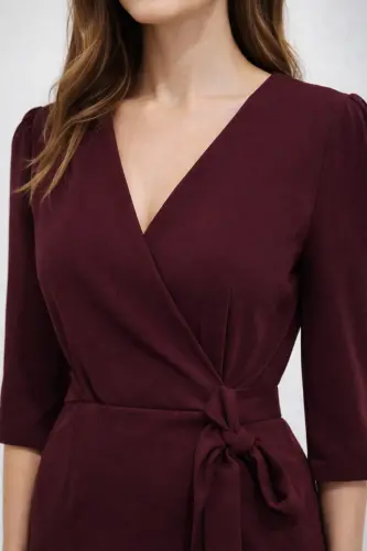 Kadın Siyah Kruvaze Avelop Truvakar Krep Şık Elbise-Bordo - AYHAN (1)