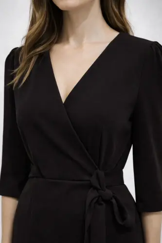 Kadın Siyah Kruvaze Avelop Truvakar Krep Şık Elbise-Kahverengi - 3