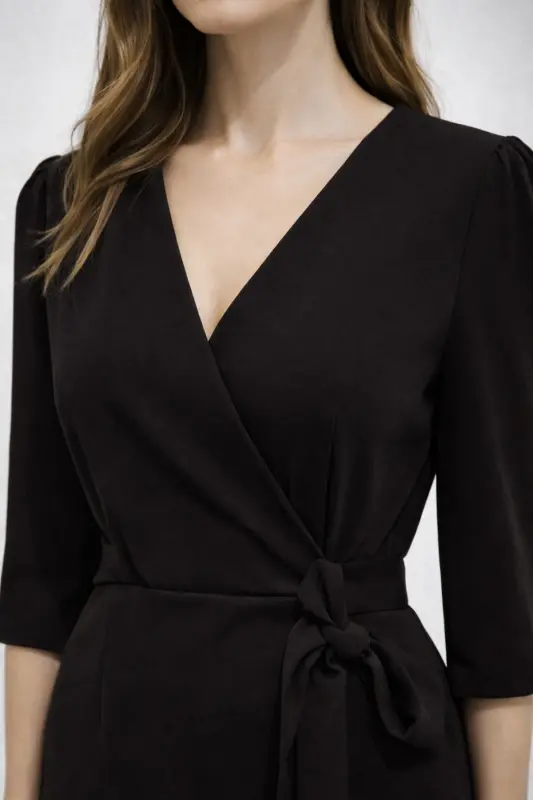 Kadın Siyah Kruvaze Avelop Truvakar Krep Şık Elbise-Kahverengi - 3