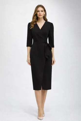 Kadın Siyah Kruvaze Avelop Truvakar Krep Şık Elbise-Kahverengi - 1