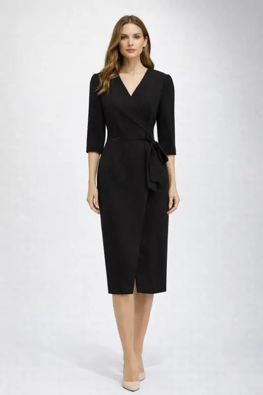 Kadın Siyah Kruvaze Avelop Truvakar Krep Şık Elbise-Kahverengi - 1